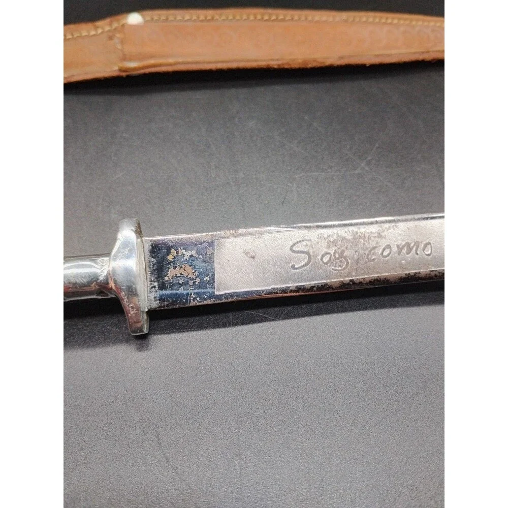 Vintage 9” Mexican Souvenir Dagger Aluminum Tribal Handle Engraved Blade Sheath